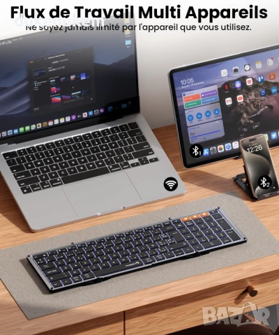 Сгъваема безжична Bluetooth клавиатура AZERTY, с подсветка и цифров блок, снимка 4 - Клавиатури и мишки - 53073469