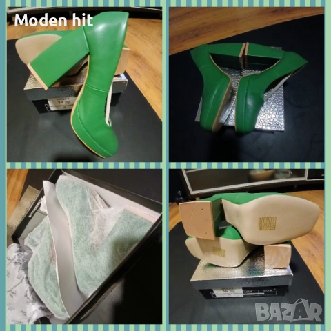 Нови елегантни дамски обувки в зелено /дебел ток и платформа/