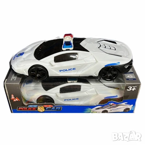 Полицейска кола с 3D светлини и звук – Бяла, въртяща се на 360 градуса