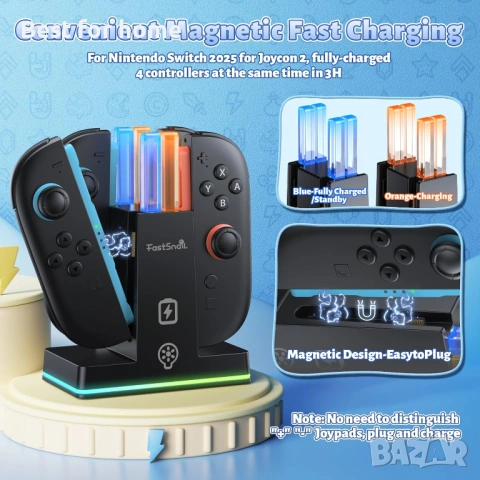 Зарядна докинг станция FASTSNAIL за Nintendo Switch 2 (2025) за Joy-Con 2, снимка 2 - Джойстици и геймпадове - 53572047