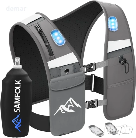 Жилетка за бягане Samfolk LED, регулируема унисекс светлоотразителна, 500 мл, XS/S (61-81 см)