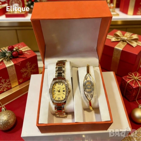 Луксозен дамски комплект: Елегантен часовник с кристали и стилна гривна в подаръчна кутия, снимка 5 - Гривни - 53501356