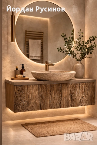 Дизайнерски шкаф за баня с ефект на старо дърво + огледало