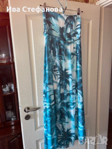 Ефирна дълга тюркоазена  елегантна ежедневна рокля тропик палми тропически принт , снимка 4 - Рокли - 41703823