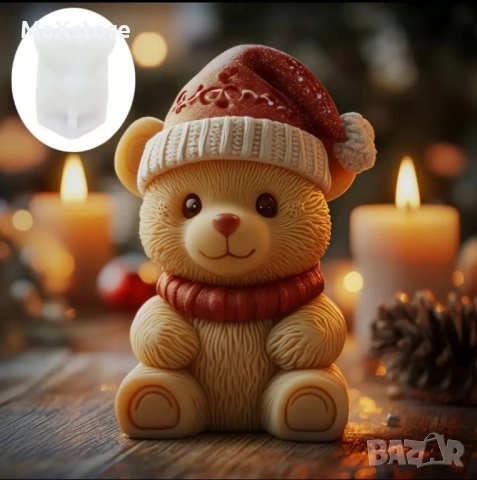 3D Коледно мече с шапка и шал силиконов молд форма свещи гипс сапун смола фондан шоколад , снимка 2 - Форми - 52512767