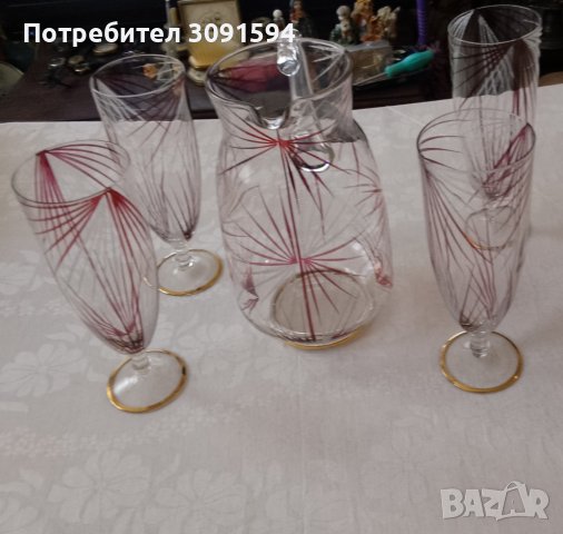  Винтидж Германия ,Комплект кана и 4 чаши за вино рисуваниано стъкло , снимка 3 - Други ценни предмети - 44422620