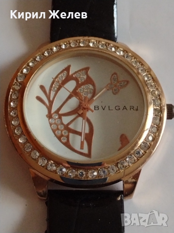 Красив дамски часовник BVLGARI с кристали Сваровски кожена каишка - 15283
