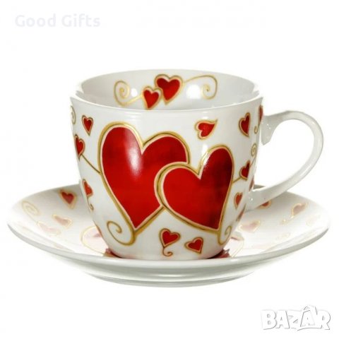 Порцеланова чаша 200 мл и чинийка със сърца, снимка 1 - Чаши - 39211624