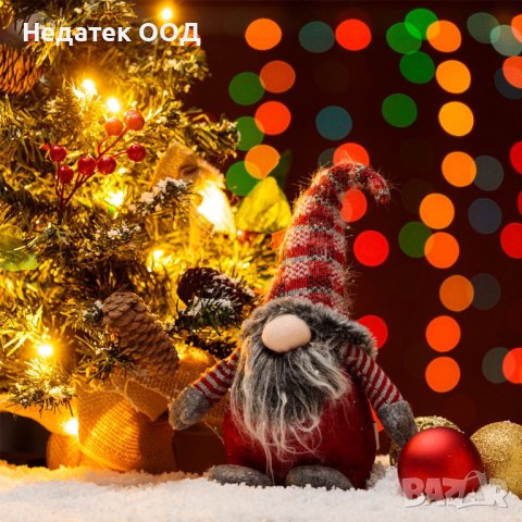 Коледна фигура, Гном с карирана шапка, 25 см, Сиво/ червен