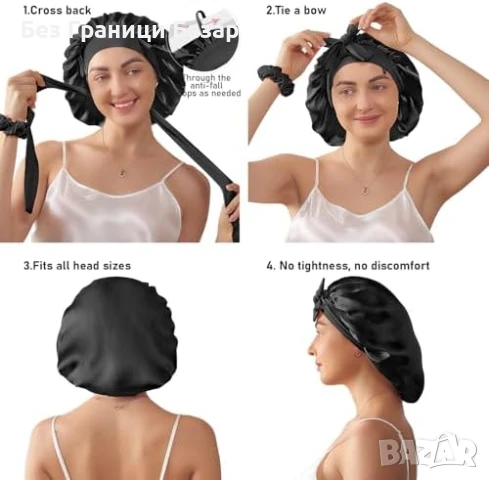 Нова Шапка за къдрава и дълга коса 100% коприна с ластик черна за жени, снимка 6 - Други - 51149764