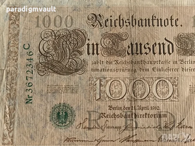 Райх банкнота - Германия - 1000 марки (зелен печат) | 1910г., снимка 2 - Нумизматика и бонистика - 55853230
