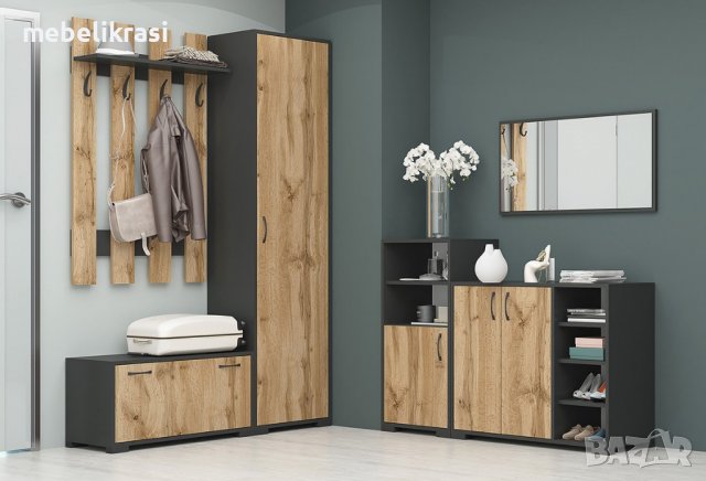 Модулно портманто Денвър Конфигурация 2 - гардероб, огледало, шкафчета, Дъб вотан / Антрацит