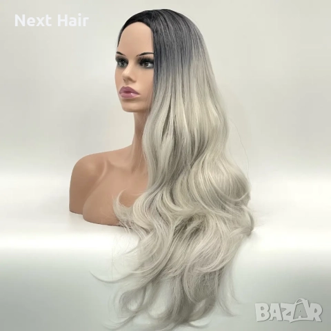 Парти хелоуин сребристо руса перука с тъмни корени на път, снимка 3 - Аксесоари за коса - 51984410