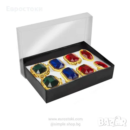 Комплект пръстени Boland 8 броя, парти аксесоар –златни пръстени с цветни камъни, за кралски костюми