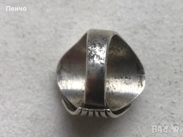 стар дизайнерски сребърен пръстен с тюркоаз и корал, снимка 7 - Антикварни и старинни предмети - 53653775