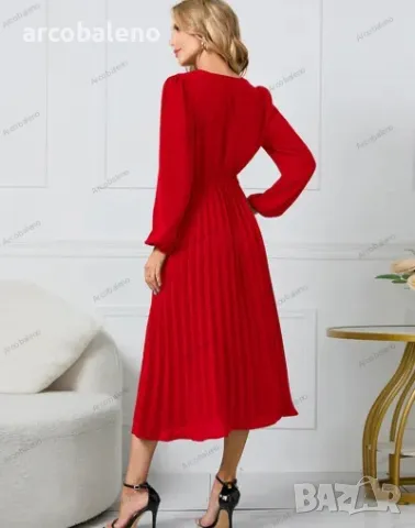 Дамска рокля с дълъг ръкав с тънък плисиран колан с V-образно деколте и пола с A-силует, 4цвята , снимка 5 - Рокли - 39147866
