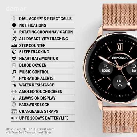 Смарт часовник Sekonda 42 мм Flex Plus в розово злато с розово златиста мрежеста каишка, снимка 4 - Смарт часовници - 50404520