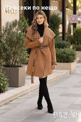 Gucci Луксозно Дамско Двулицево Палто С Качулка Колан С Надпис И Монограм В Черно И Кафяво Код E186, снимка 2 - Палта, манта - 55990173