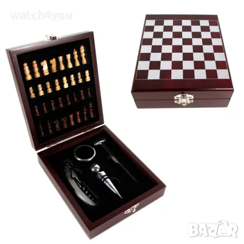 НОВ КОМПЛЕКТ ЗА ВИНО В ЛУКСОЗНА ДЪРВЕНА КУТИЯ 4 БРОЯ АКСЕСОАРИ. ШАХ. ШАХМАТНА ДЪСКА 2V1. СЕТ ЗА ВИНО, снимка 4 - Подаръци за мъже - 36796033