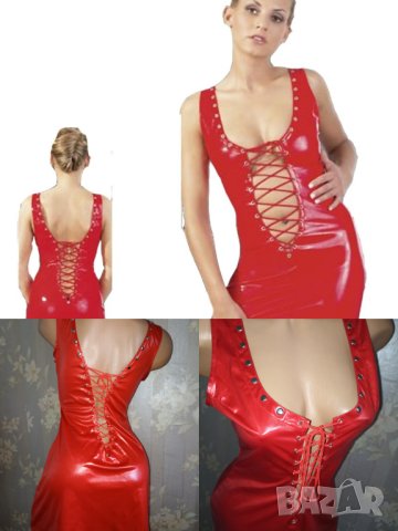 Червена секси къса рокля от еко кожа М, снимка 3 - Рокли - 42173000