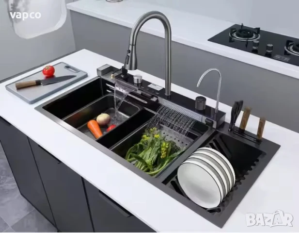 Мултифункционална кухненска мивка с двоен водопад и отделение за чинии и прибори