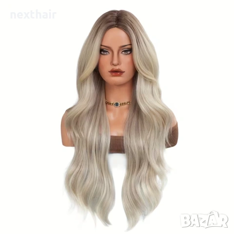 Пепеляво руса перука Ombre - тъмни корени, преливни руси нюанси, 78 см, снимка 7 - Аксесоари за коса - 53559033