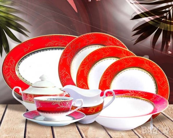 Червен сервиз за хранене от иновативен, костен порцелан за съдомиялна машина, снимка 2 - Сервизи - 28275724