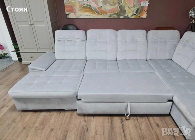Сиво син П образен ъглов диван от плат Nigrum с функция сън, снимка 11 - Дивани и мека мебел - 52125490