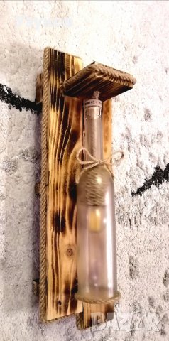 Ръчно изработена лампа за механа или барбекю от дърво, въже и стъклена бутилка., снимка 3 - Лампи за стена - 40978564