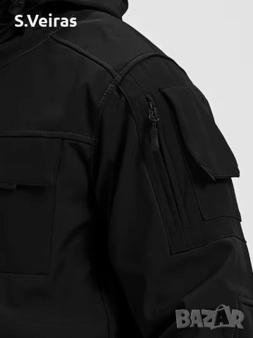 Работно Тактическо Ветроустойчиво яке с качулка, с много джобове, Цвят -Черен, снимка 6 - Якета - 52857674