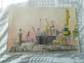 Акварел на картон Пристанище, снимка 1