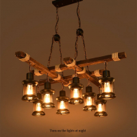 Полилей Ретро дървени висящи светлини 8 Винтидж желязна окачваща лампа, снимка 3 - Лампи за таван - 36170136