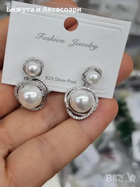 Обеци родий с перли и с кристали - 28425-11, снимка 1