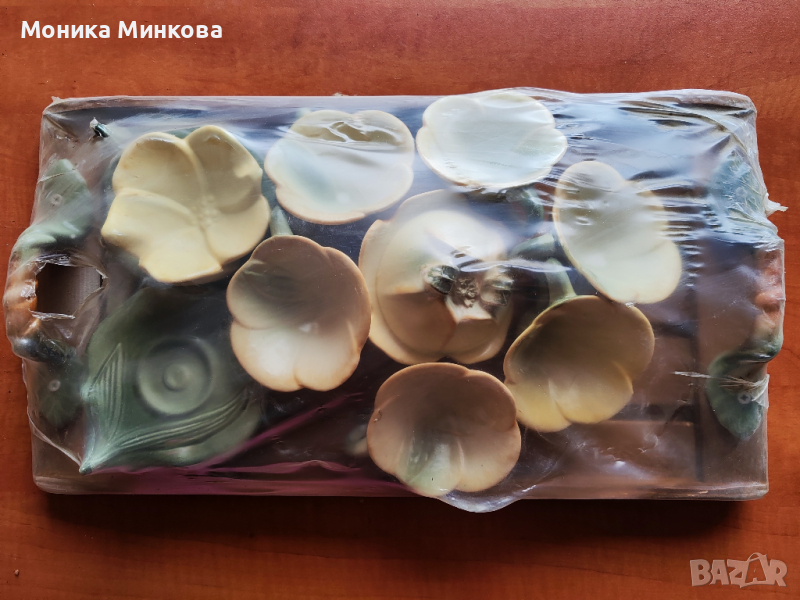 Оригинален сервиз за кафе от 14 части + голям дървен поднос с орнаменти , снимка 1