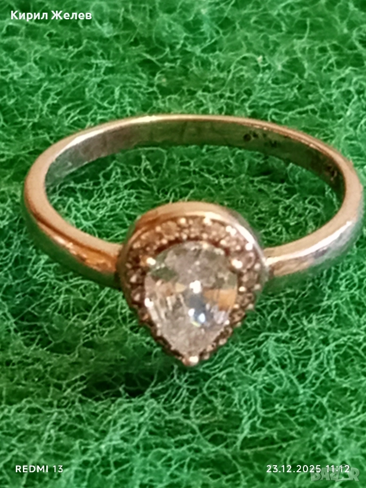 Сребърен пръстен с кристали Swarovski централния камък Minerva Halo Pear много красив стилен 28463, снимка 1