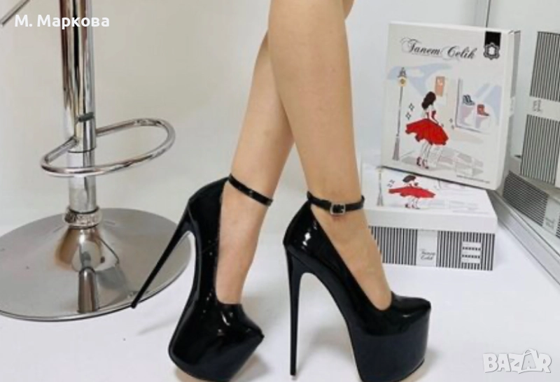 Обувки на ток - черен лак, снимка 1