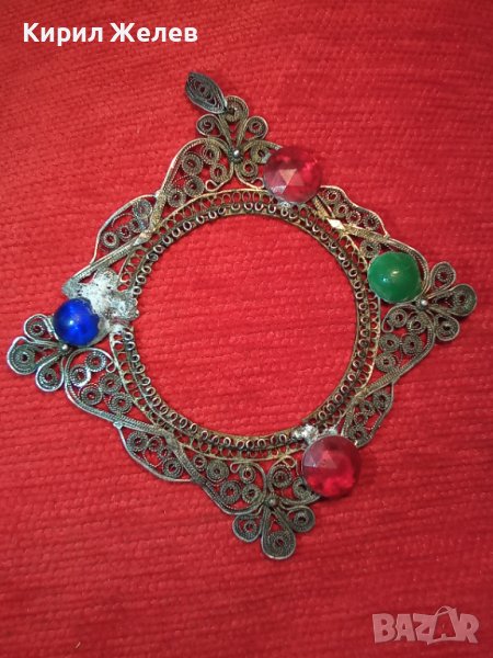 СТАРИННО СРЕБЪРНО УКРАШЕНИЕ ФИЛИГРАННО СРЕБРО ВИСОКА ПРОБА със ЗАЛЕПЕНИ по НЕГО СТАРИ КАМЪНИ 29137, снимка 1