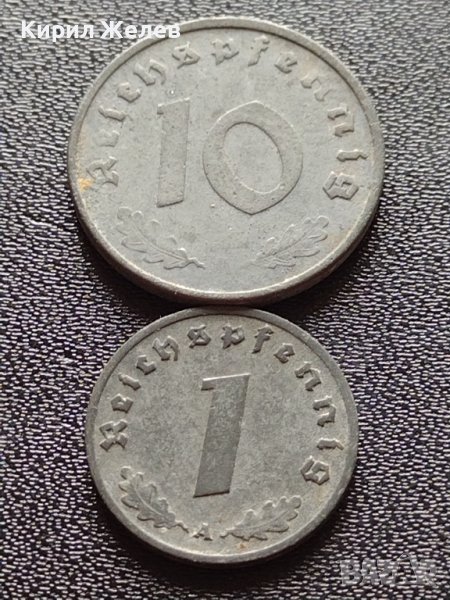 Две монети 1 райхспфенинг 1943г. / 10 райхспфенинг 1944г. Трети райх с СХВАСТИКА редки 37759, снимка 1