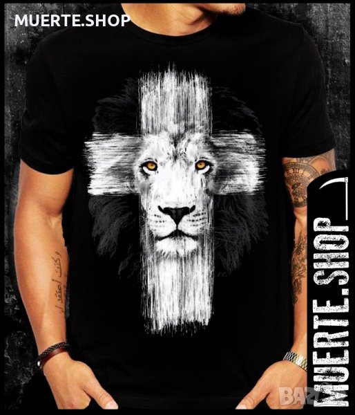 Черна тениска с щампа LION WHITE CROSS, снимка 1