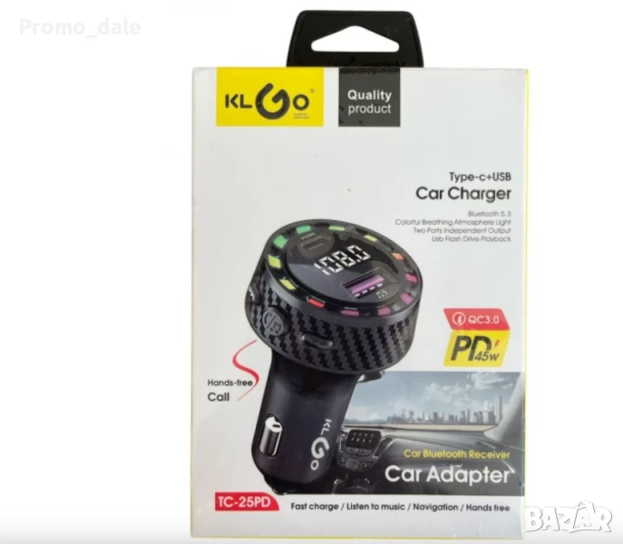 Зарядно за кола / FM трансмитер KLGO TC-25PD 45W 12 / 24V, снимка 1