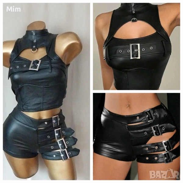 К-т S Черно бюстие и къси панталони от еко кожа , снимка 1
