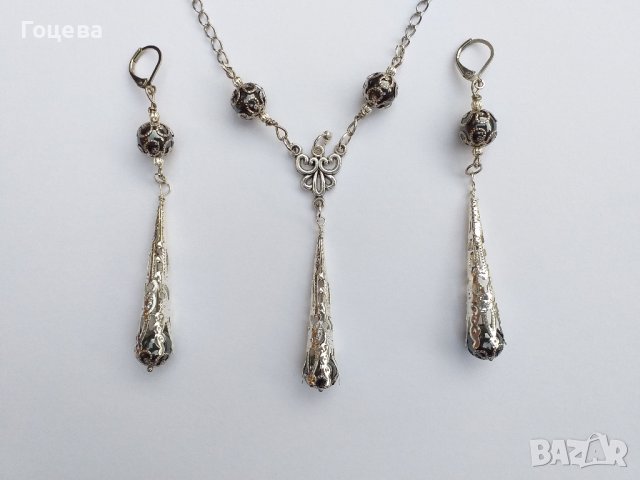 Разкошни обици с камъни Хематит и богати орнаменти в цвят сребро, снимка 6 - Обеци - 41565971