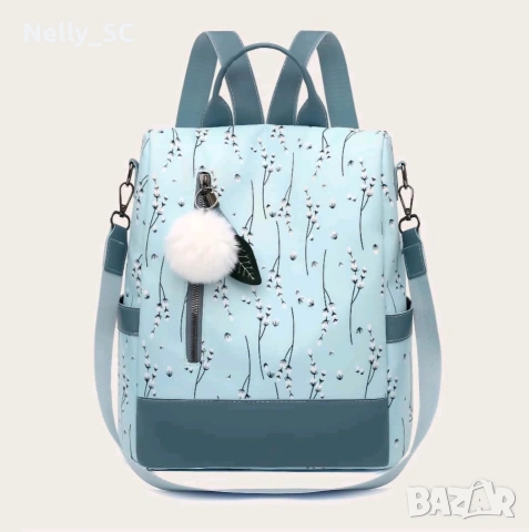 Светло синя раница с флорален мотив, снимка 2 - Раници - 53727853