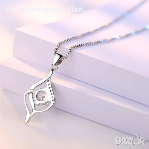 Fanqieliu сребърно колие „Листо“ с цирконий, снимка 6 - Колиета, медальони, синджири - 53044247