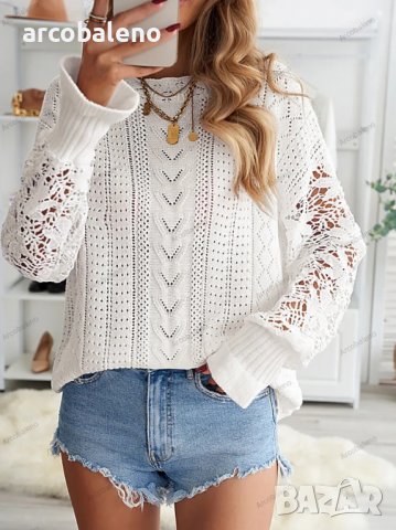 Дамски пуловер с дълъг ръкав с изрязани венчелистчета, 2цвята - 023