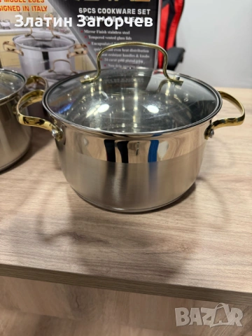 Луксозен комплект тенджери с неръждаема стомана и златисти дръжки – нов, снимка 7 - Съдове за готвене - 53257975