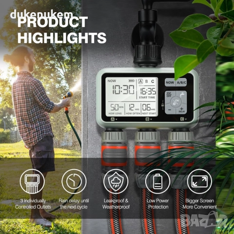 Таймер за поливане с 3 изхода, програмируеми графици, rain delay, ръчен режим, снимка 4 - Напояване - 52546606