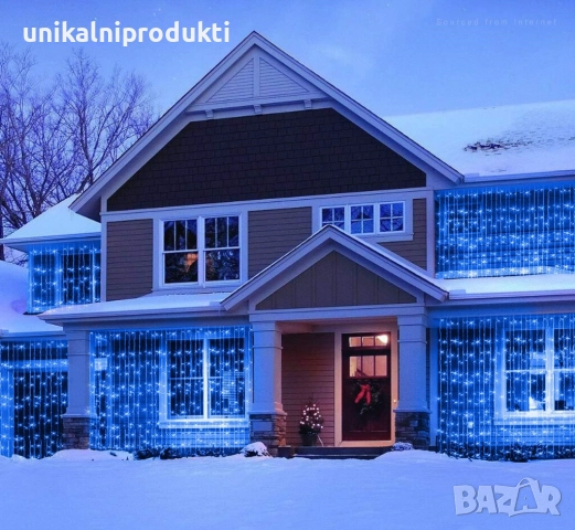 Водопад коледни лампички LED ЗАВЕСА 3М Х 3М студено синя светлина с функция валящ сняг