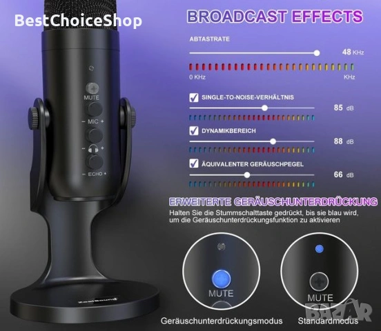  USB кондензаторен микрофон за PC, Mac, мобилен телефон, PS4, PS5,  за игри, подкаст, запис, стрийм, снимка 10 - Микрофони - 53614890