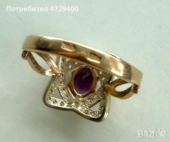 Златен пръстен с лилав аметист и циркони, снимка 5 - Пръстени - 53373337